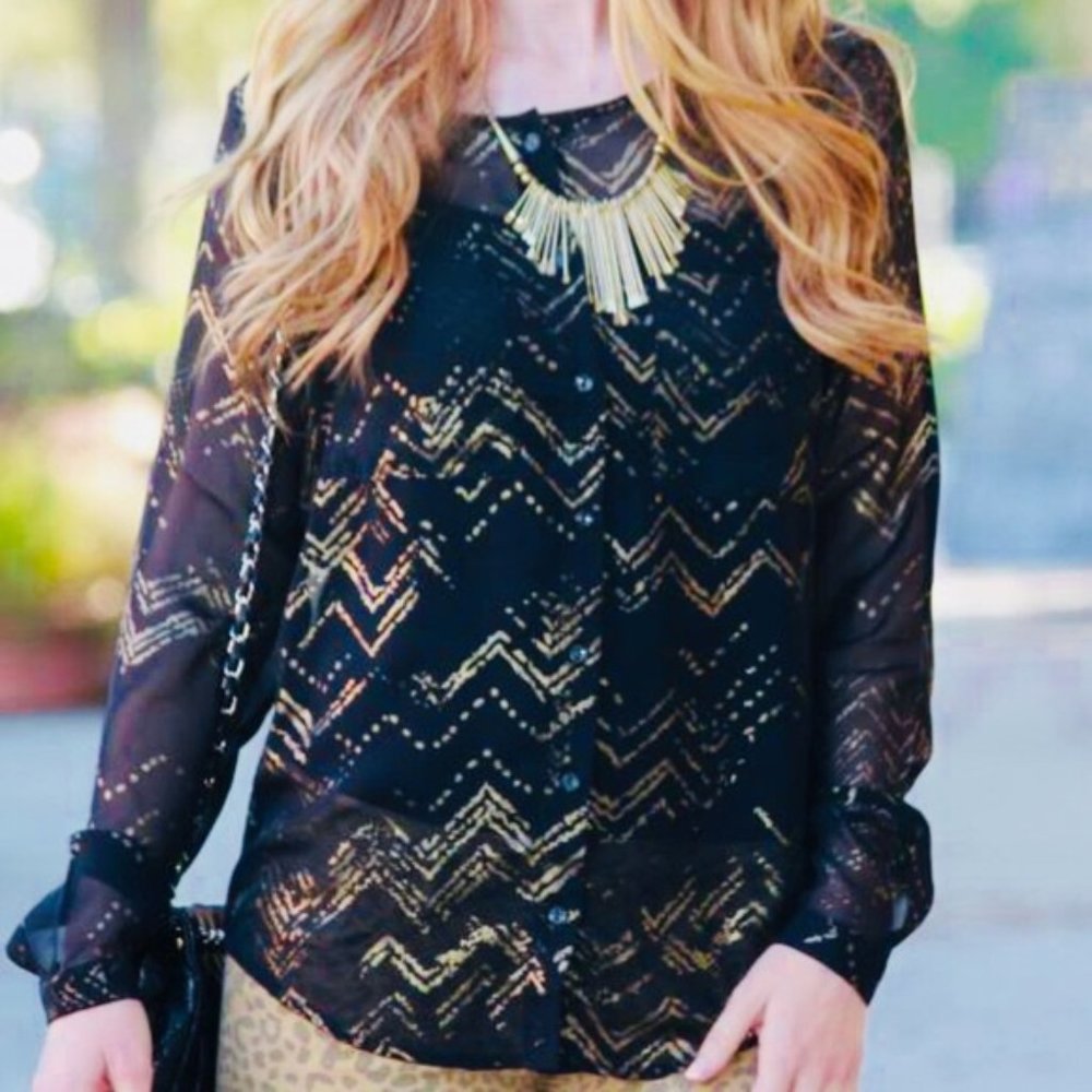Olive & Oak Sheer Black/Gold Chevron Blouse Top Shirt